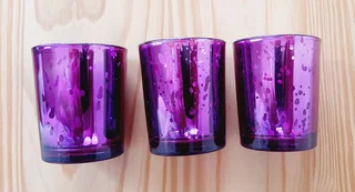 Purple and Silver Candle Holders with feather rings. 3 of each