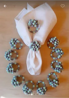Mint Green and Grey Beaded Serviette Rings. Set of 12