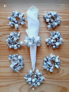Beaded White and Silver Serviette Rings. Set of 8.