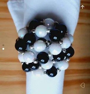 Black &amp; White Beaded Serviette Rings. Set of 8.