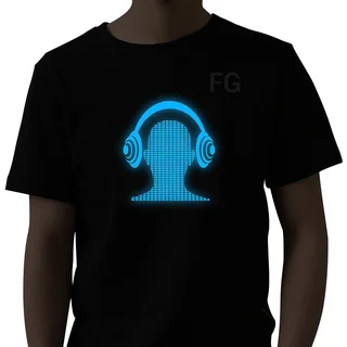 Sound activated USB rechargeable Electroluminiscence (EL) Light Up Tshirt - Blue Headphone