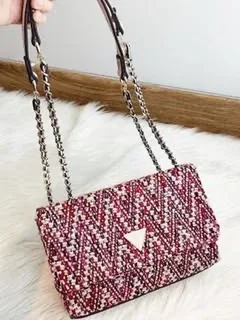 Guess Cessily Convertible Crossbody Flap Bag - Red Tweed Channel Look - With Dust Bag