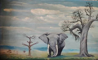 Vintage 1976 Hand-Painted African Elephant Wood Panel