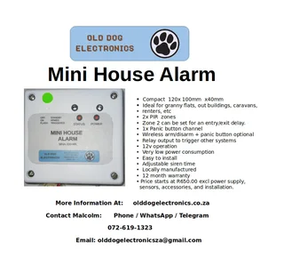 Intruder alarm for small houses, granny flats, out-buildings, and caravans