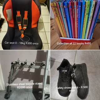 Car seat, bike rack, safety shoes, books, pictures