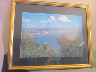 Knysna print in glass frame, lagoon with train bridge