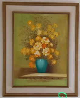 Painting: Lovely Still Life: Green Vase With Yellow Flowers