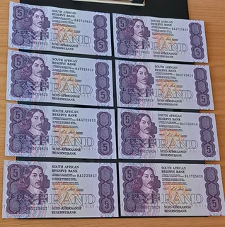 Collectables: S A. Bank Notes: R5 × 8 Notes: Uncirculated: Consecutive Serial Numbers