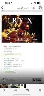 4 x RY X tickets - Kirstenbosch gardens 12 December 2025R2800. 00