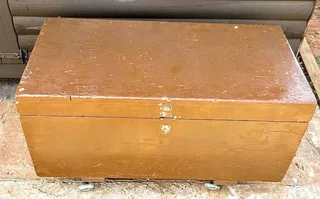 Vintage Rustic Oregon Pine Toolbox on Wheels. 86cm Length x 42cm Wide x 49cm Height x 30cm Deep