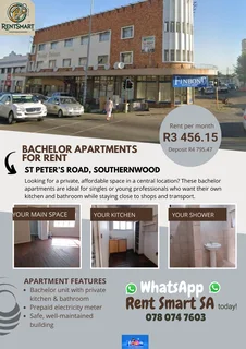  Bachelor Apartments for Rent – Units 1, St Peter’s Road, SouthernwoodRent: R3 456.15 | Deposit: R