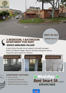  3-bedroom, 1-bathroom Home For Rent – Sohco Amalinda Village Rent: R6 063 | Deposit: R6 913