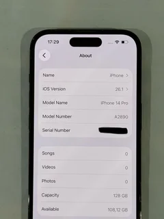 IPHONE 14 PRO, 128 GB, SPACE BLACK, A2890, EXCELLENT CONDITION, CHARGER, iOS 26.1, BOX