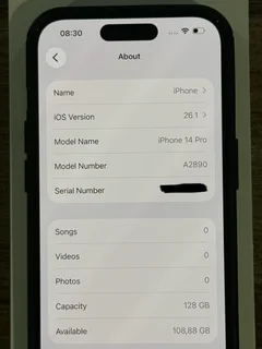 IPHONE 14 PRO, 128 GB, DEEP PURPLE, A2890, EXCELLENT CONDITION, CHARGER, iOS 26.1, COVER AND BOX