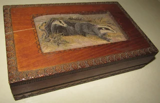 J & J Cash Hand Carved Hinged Wooden Box with Woven Image of Forest Animals made in Tatra Poland