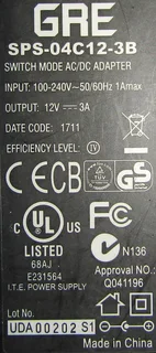 Power Supply - 12VDC 3A GRE SPS-04C12-3B