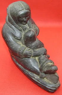 Inuit with Child Soapstone Sculpture - A Wolf Original