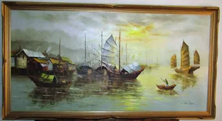 Chinese Junks - Original Oil Painting w=161cm; h=87cm