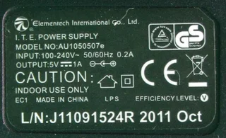 Elementech International I.T.E. Power Supply / Charger 5V 1A AU1050507e