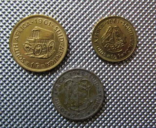 1962 20c; 1961 1c; 1961 1/2c South African Coins