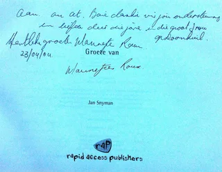 Groete van MANNETJIES ROUX - Jan Snyman - Hardeband - Oorspronklike handtekening van Mnr Roux