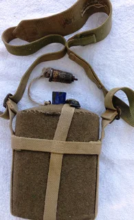 First World War British Army metal and cobalt blue enamel felt covered water bottle with khaki strap