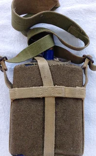 First World War British Army metal and cobalt blue enamel felt covered water bottle with khaki strap