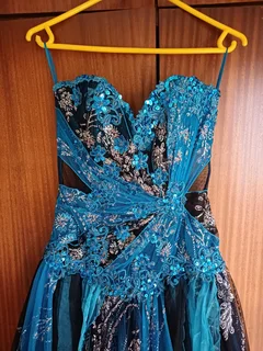 Cerulean Blue & Black beaded & sequined Matric farewell event evening dress size Medium