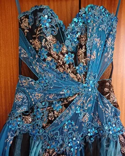 Cerulean Blue &amp; Black beaded &amp; sequined Matric farewell event evening dress size Medium
