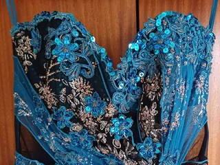 Cerulean Blue &amp; Black beaded &amp; sequined Matric farewell event evening dress size Medium