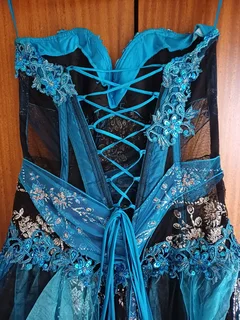 Cerulean Blue &amp; Black beaded &amp; sequined Matric farewell event evening dress size Medium