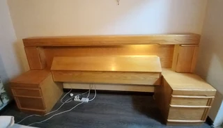 Solid Oak Queen Headboard, Pedestals, Pillow/Blanket Box, Marble Breakfast Trays & Lights