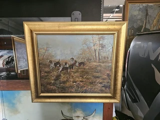 D Higgins Hunting Hounds Oil on Board Painting