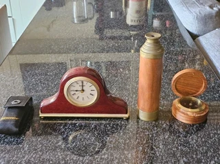 Antique Brass and Wood Stanley Telescope and Compass