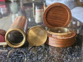 Antique Brass and Wood Stanley Telescope and Compass