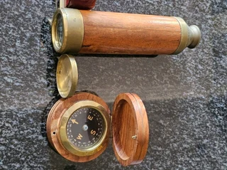 Antique Brass and Wood Stanley Telescope and Compass