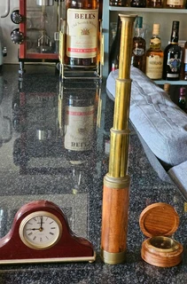 Antique Brass and Wood Stanley Telescope and Compass