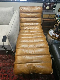 Vintage Leather Lounger in Stainless Steel and Brown Leather