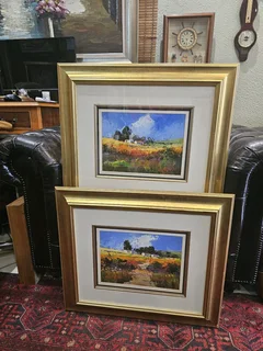 For sale: 2x Original Willie Strydom Rural Village oil-on-board paintings
