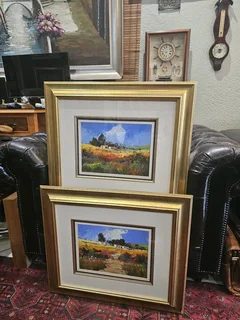 For sale: 2x Original Willie Strydom Rural Village oil-on-board paintings