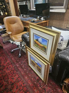 For sale: 2x Original Willie Strydom Rural Village oil-on-board paintings