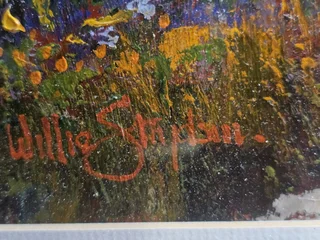 For sale: 2x Original Willie Strydom Rural Village oil-on-board paintings