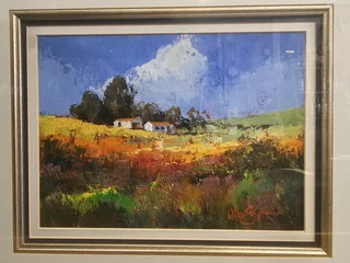 For sale: 2x Original Willie Strydom Rural Village oil-on-board paintings