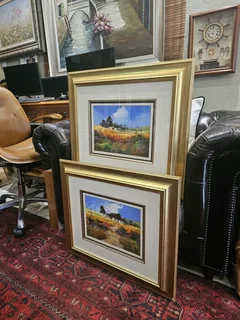 For sale: 2x Original Willie Strydom Rural Village oil-on-board paintings