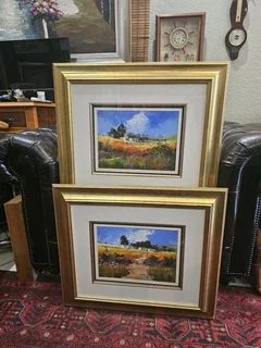 For sale: 2x Original Willie Strydom Rural Village oil-on-board paintings