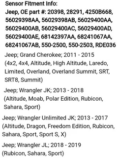 Jeep Wrangler/ Cherokee TPMS tyre pressure monitor sensors
