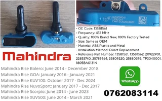 Mahindra TPMS/ tyre pressure monitor sensors and valve stems