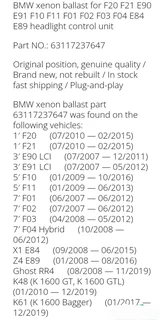 BMW 3 Series E90 / E91 LCI Xenon ballast module