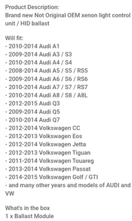 Audi VW Headlight Xenon ballast module 8K0941597E
