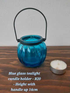 Blue glass tealight candle holder - R20 - Height with handle up 14cm - pickup Umbilo